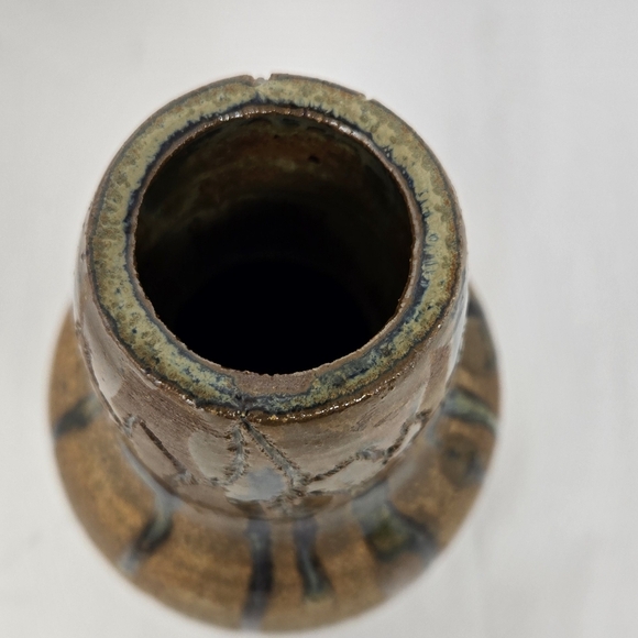 Rustic Pottery Vase Brown & Blue Dripped Glaze Round 7x4 Circumference 12.75 - Picture 5 of 10